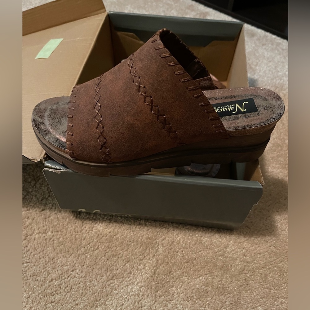 Size 8 Natural Reflections wedge sandal whiskey color, brand new